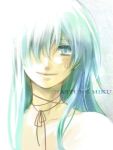  blue_hair character_name hair_down hair_over_one_eye hatsune_miku long_hair looking_at_viewer neck_ribbon ribbon smile tolute typo vocaloid 