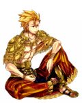  archer_(fate/prototype) armor bad_id blonde_hair bracelet capelet earrings fate/prototype fate_(series) greaves jewelry male muscle necklace red_eyes shirtless sitting solo vidro5 