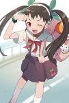  bag bakemonogatari black_hair fang hachikuji_mayoi hairband harano long_hair monogatari_(series) randoseru red_eyes twintails wink 