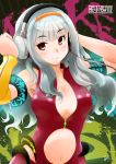  arms_up bare_shoulders blush breasts center_opening cleavage detached_sleeves hairband hands_on_headphones headphones idolmaster large_breasts long_hair navel red_eyes shijou_takane silver_hair smile solo taka_shida 