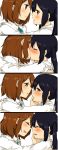  4koma :d aoi_chiruko black_hair blush brown_eyes brown_hair closed_eyes comic eye_contact eyes_closed hair_ornament hairclip hand_on_another&#039;s_face hand_on_another's_face highres hirasawa_yui incipient_kiss k-on! kiss looking_at_another multiple_girls nakano_azusa open_mouth profile school_uniform short_hair smile twintails yuri 