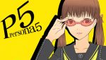  adult bad_id brown_hair doujima_nanako glasses persona persona_4 school_uniform simple_background solo takayan teenage twintails 