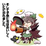  arm_cannon bird black_wings blush_stickers bow brown_hair chibi closed_eyes concrete cooking egg eyes_closed fire frying_pan gibuchoko hair_bow hat long_hair open_mouth reiuji_utsuho shirt skirt smile solo sunny_side_up_egg third_eye touhou translated translation_request weapon wings 
