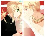  1girl artist_request blonde_hair cup fate/zero fate_(series) gilgamesh green_eyes jewelry long_hair necklace necktie ponytail red_eyes saber wine wine_glass wine_glasses 