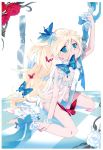  absurdres aqua_eyes barefoot blonde_hair bow butterfly cleavage copyright_request dress flower hair_flower hair_ornament highres knife mizu mouth_hold petals possible_duplicate scepter sitting solo wristband 