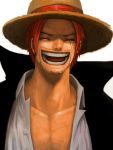  closed_eyes eyes_closed hat highres laughing male muscle one_piece open_clothes open_mouth open_shirt red_hair redhead scar shanks smile solo straw_hat strawhat teeth yoshida_takanori 