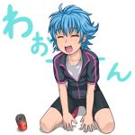  androgynous bike_shorts blue_hair caryo character_name kneeling lowres midori_boushi nishijima_waon open_mouth precure short_hair simple_background smile soda_can suite_precure tomboy track_jacket white_background 