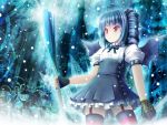  ahoge akashio_(loli_ace) alternate_hair_color alternate_hairstyle bat_wings blue_hair dress drill_hair dual_wielding fingerless_gloves garter_straps gloves kooh no_panties pangya red_eyes short_hair solo spring_onion striped striped_legwear thigh-highs thighhighs wings 