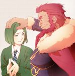  armor bob_cut cape fate/zero fate_(series) green_eyes green_hair male multiple_boys necktie petting red_eyes red_hair redhead rider_(fate/zero) size_difference smile tam_(cuq) vambraces waver_velvet 