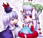  2girls animalization blue_hair bow chibi closed_eyes dual_persona ex-keine eyes_closed fujiwara_no_mokou fujiwara_no_mokou_(phoenix) hair_bow highres kamishirasawa_keine kamishirasawa_keine_(hakutaku) long_hair multiple_girls red_eyes silver_hair smile sukusuku_hakutaku tamu_(pixiv2426329) touhou 