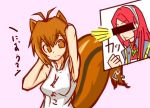  animal_ears antenna_hair armpits arms_up blazblue blood brown_eyes brown_hair censored clenched_fist clenched_hand clothes_writing clothing_writing hairband identity_censor long_hair makoto_nanaya multiple_girls nosebleed photo_inset shima_p_(jojo) short_hair squirrel_ears squirrel_tail tail tank_top translated tsubaki_yayoi 
