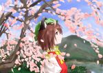  chen cherry_blossoms highres mountain profile river sky solo touhou tree zzbye 