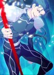  blue_hair fate/stay_night fate_(series) fevrier2 gae_bolg highres lancer light_particles long_hair male pauldron pauldrons polearm ponytail red_eyes solo spandex spear weapon 