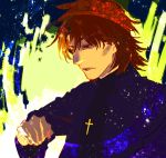  brown_eyes brown_hair cassock coat cross cross_necklace fate/stay_night fate_(series) hali jewelry kotomine_kirei long_hair male necklace solo 