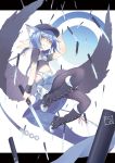  animal_ears bad_id black_legwear black_wings blue_hair boots cat_ears cross-laced_footwear hand_on_hat hat holding itsuwa_(lethal-kemomimi) knee_boots knife letterboxed looking_at_viewer low_wings midriff original outside_of_border pantyhose short_hair skirt smile solo too_many_knives wings yellow_eyes 