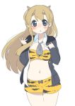  bad_id blonde_hair blue_eyes blush bra k-on! kotobuki_tsumugi lingerie long_hair midriff oni school_uniform shorts solo sunameri_oishii tiger_print underwear 