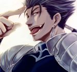  blue_hair close-up earrings fangs fate/stay_night fate_(series) jewelry lancer long_hair male pauldron pauldrons ponytail red_eyes solo tongue too_hiki 