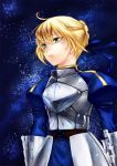  ahoge armor armored_dress blonde_hair comra dress fate/stay_night fate_(series) gauntlets green_eyes hair_ribbon juliet_sleeves lips long_sleeves puffy_shoulders_long_sleeves puffy_sleeves ribbon saber solo 