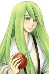 abaishumei androgynous apple blush enkidu_(fate/strange_fake) fate/strange_fake fate_(series) food fruit green_eyes green_hair long_hair male solo 