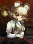  animal_ears basket blinds capelet cup dress flower frown highres holding jewelry light_brown_hair long_sleeves looking_at_viewer mouse mouse_ears nazrin pendant red_eyes shope short_hair sitting solo steam tail tail_hold teacup touhou window 