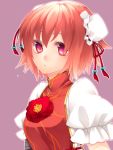  :/ bandage bandages bun_cover bust chinese_clothes double_bun flower ibara_kasen ibaraki_kasen looking_at_viewer open_mouth pink_eyes pink_hair puffy_sleeves purple_background short_hair simple_background solo tassel touhou yutazou 