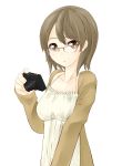  :o bad_id brown_eyes brown_hair bust camera collarbone dress glasses highres looking_at_viewer nekobaka open_mouth original red-framed_glasses short_hair simple_background solo sundress white_background 