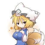 blonde_hair blue_eyes blush breasts dekasudachin fox_tail hat impossible_clothes impossible_clothing multiple_tails smug solo tail touhou yakumo_ran 