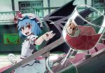  bat_wings blue_hair cup d@i door dress glass hat open_mouth outstretched_arm perspective red_eyes remilia_scarlet ribbon ringed_eyes short_hair smile solo stairs touhou umbrella wine wine_glass wings 