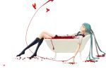  aqua_eyes aqua_hair bath bath_of_blood bathtub black_legwear blood footwear hatsune_miku highres long_hair looking_at_viewer no_shoes open_clothes open_shirt school_uniform serafuku skirt socks solo very_long_hair vocaloid wet wet_clothes yoruki_yuu 