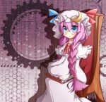  binary blue_eyes blush book bow braid chair crescent ehimedaisuki frills gears glasses gradient gradient_background hands_in_sleeves hat hexagon honeycomb_background long_hair long_sleeves looking_at_viewer patchouli_knowledege patchouli_knowledge purple_background purple_hair ribbon sitting solo touhou twin_braids very_long_hair 