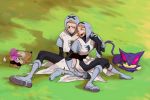  1boy 1girl blue_eyes blush closed_eyes gloves laughing open_mouth orange_hair patrat pokemon pokemon_(creature) pokemon_(game) pokemon_black_and_white pokemon_bw purrloin sitting sleeping surcoat syurandeskedo team_plasma team_plasma_grunt uniform 