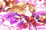  alternate_costume bare_shoulders blonde_hair breasts chain chains cleavage collarbone cuffs floral_print highres horn horns hoshiguma_yuugi hoshiguma_yuugi_(promo) japanese_clothes kimono lantern large_breasts lips long_hair manacles moneti_(daifuku) off_shoulder paper_lantern parted_lips red_eyes sakazuki sake shackle solo touhou very_long_hair 