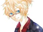  blonde_hair blue_eyes glasses kagamine_len kagamine_rin misono ponytail short_hair smile vocaloid white 