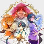  3boys aladdin_(magi) ali_baba_saluja bird blonde_hair blue_eyes chain chains fire grey_eyes kitsuta magi_the_labyrinth_of_magic morgiana multiple_boys red_eyes red_hair redhead ren_hakuryuu scar turban wind yellow_eyes 