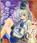  brown_eyes cherry_blossoms flower full_moon hajike_akira hat japanese_clothes kariginu mononobe_no_futo moon night pom_pom_(clothes) pom_pom_(clothing) ponytail shikishi skirt solo tate_eboshi touhou traditional_media white_hair 