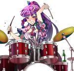  adapted_costume blush bottle bow breasts cleavage crescent cymbals drooling drum drumsticks drunk hair_bow hair_ornament instrument long_hair looking_at_viewer motion_blur necktie no_hat no_headwear patchouli_knowledge pikoring ponytail purple_eyes purple_hair simple_background solo touhou twintails violet_eyes white_background 
