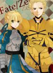  1girl ahoge armor armored_dress bad_id blonde_hair checkered checkered_background crossed_arms dress earrings fate/stay_night fate/zero fate_(series) gauntlets gilgamesh green_eyes hair_ribbon jewelry red_eyes ribbon rinko_(41r) saber 