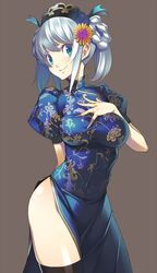  1girl aqua_eyes black_legwear blue_eyes blue_hair braid breasts china_dress chinadress chinese_clothes dress female flower grey_hair hair_flower hair_ornament hand_on_own_chest hat impossible_clothes impossible_clothing large_breasts lasa_(lasa1116) original side_slit silver_hair simple_background smile solo thigh-highs thighhighs twintails 