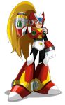  1boy absurdres android arm_cannon arm_up armor blonde_hair bodysuit boots eric_lowery forehead_jewel gloves helmet highres long_hair pose robot_ears rockman rockman_x shadow simple_background solo standing very_long_hair weapon zero_(rockman) 