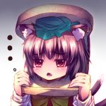  1girl animal_ears blush bread brown_hair cat_ears cat_tail chen chestnut_mouth earrings food hat in_food jewelry lowres multiple_tails open_mouth red_eyes ryosios short_hair solo tail touhou 