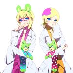  animal_ears bad_id blonde_hair blue_eyes cougar doctor dual_persona glasses irabu_ichirou kuuchuu_buranko labcoat long_sleeves male multicolored_hair multiple_boys necktie open_mouth short_hair simple_background sleeves_past_wrist smile stuffed_animal time_paradox transparent transparent_background trap trapeze 