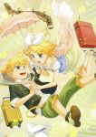  1girl absurdres airplane aqua_eyes bag blonde_hair brother_and_sister dress falling hair_ornament hair_ribbon hairclip hand_holding highres holding_hands interlocked_fingers junji kagamine_len kagamine_rin necktie open_mouth ribbon rolling_suitcase short_hair shorts siblings skirt smile toy train twins umbrella vocaloid 