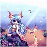  bare_shoulders blue_eyes blue_hair bracelet breasts bubble caustic_lighting cleavage coral fish fish_tail head_fins highres jewelry long_hair mermaid midna01 monster_girl nanami_(okami) nanami_(ookami) okami okamiden ookami_(game) ookamiden open_mouth sand smile solo stone underwater very_long_hair 