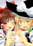  blonde_hair blush bow braid brown_eyes brown_hair detached_sleeves hair_bow hair_tubes hakurei_reimu hands_together hat heart heart_hands highres ibaba kirisame_marisa long_hair miko multiple_girls open_mouth smile touhou wink witch witch_hat 