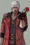  ao666 bad_id belt blue_eyes coat dante devil_may_cry devil_may_cry_4 facial_hair fingerless_gloves flower gloves highres jacket male realistic red_jacket red_rose rose silver_hair solo stubble white_hair 