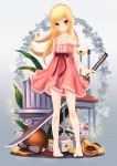  barefoot blonde_hair doughnut dress goggles helmet long_hair monogatari_(series) nisemonogatari oshino_shinobu rinbukyoku school_desk strap_slip sword weapon yellow_eyes 