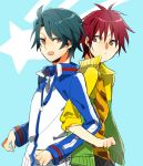  back-to-back bad_id blue_hair brown_eyes echizen_ryoma hug jacket locked_arms male multiple_boys raglan_sleeves red_hair redhead short_hair tennis_no_ouji-sama tooru_(jux) tooyama_kintarou 