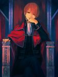  brown_eyes brown_hair cape chin_rest gintama male mg_(3458) okita_sougo short_hair sitting solo throne 