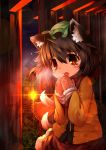  alternate_costume animal_ears blush brown_eyes brown_hair cat_ears cat_tail chen coat cold hat highres koha lens_flare mittens multiple_tails scarf short_hair solo sunset tail torii touhou winter_clothes 