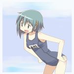  animated animated_gif blue_eyes blue_hair bouncing_breasts breasts hair_ornament hairclip hand_on_hip hangaku leaning_forward mahou_shoujo_madoka_magica miki_sayaka one-piece_swimsuit school_swimsuit short_hair smile solo standing swimsuit 
